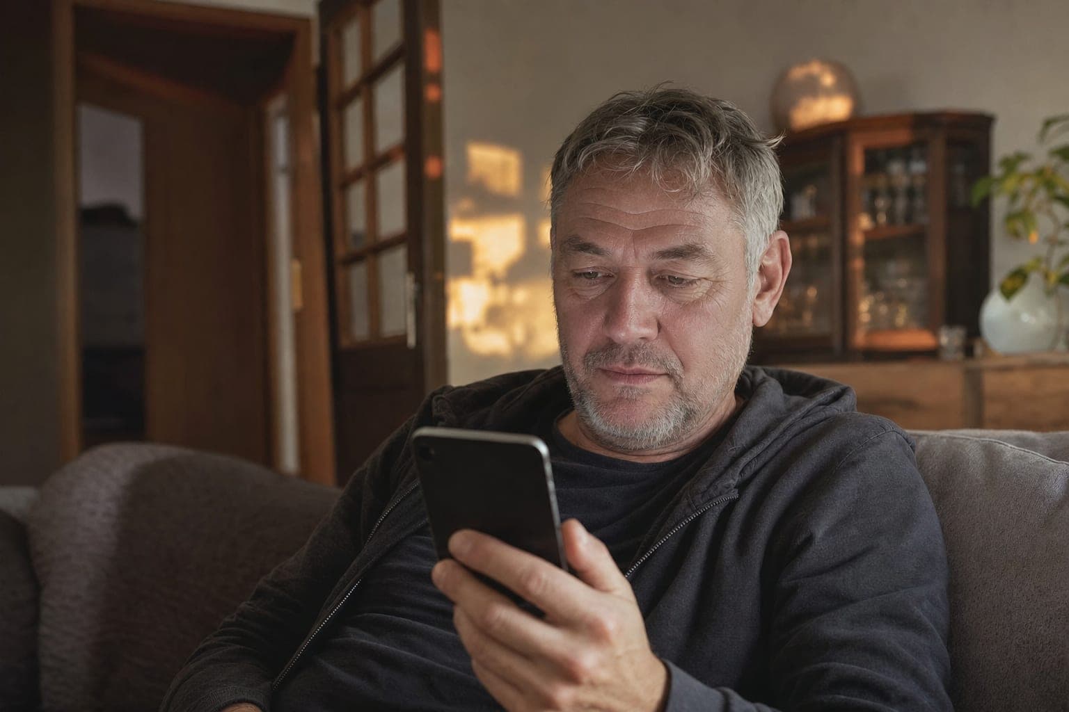 Fachkraft zuhause auf dem Sofa mit dem Telefon in der Hand